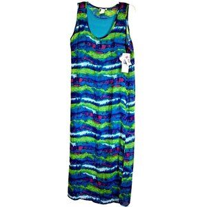 Amanda Lane Women's 14 Multicolor  Maxi Striped Watercolor Lined Tank Dress New